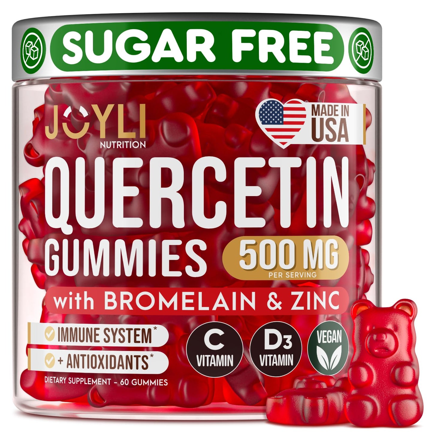 JOYLI Quercetin Gummies 500MG with Bromelain, Zinc, Vitamin C & D3 – Immune Support