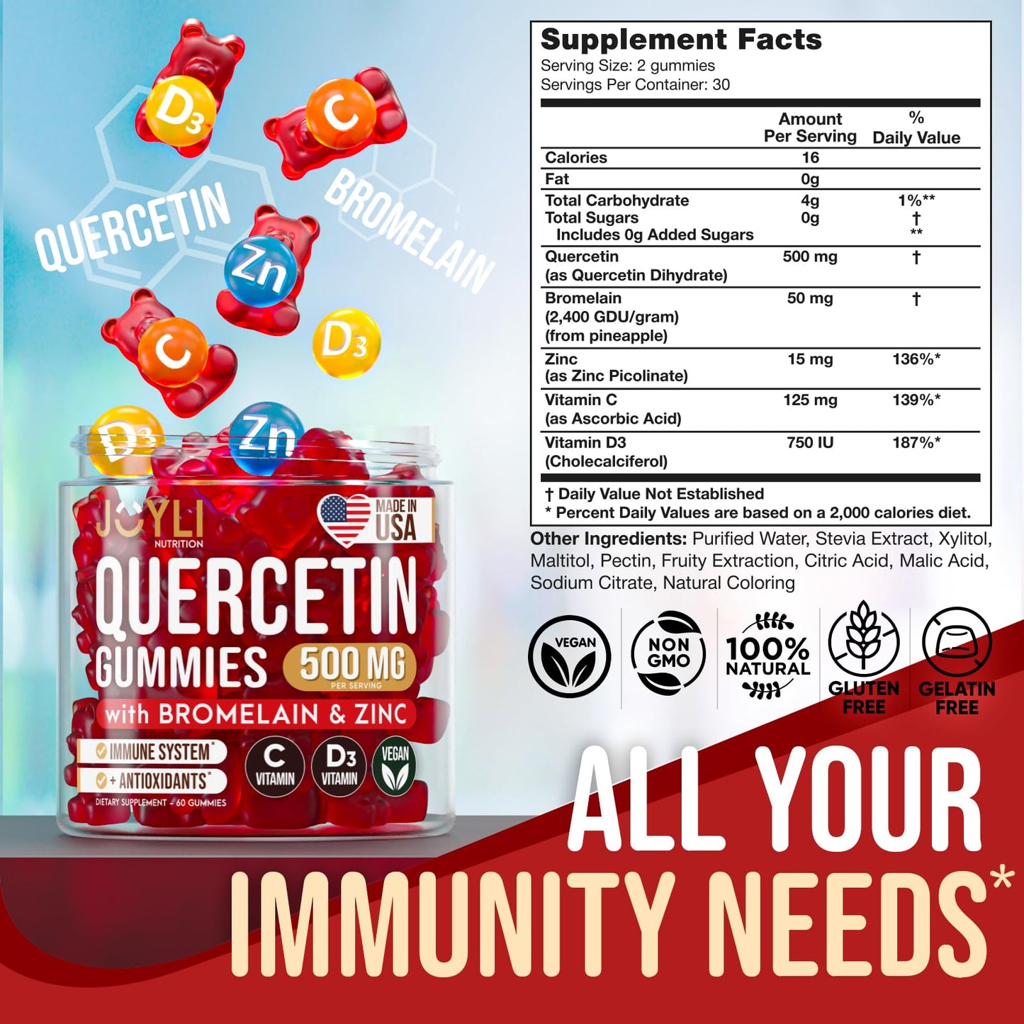 JOYLI Quercetin Gummies 500MG with Bromelain, Zinc, Vitamin C & D3 – Immune Support