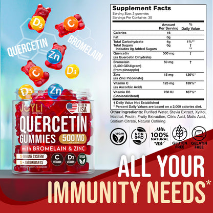 JOYLI Quercetin Gummies 500MG with Bromelain, Zinc, Vitamin C & D3 – Immune Support
