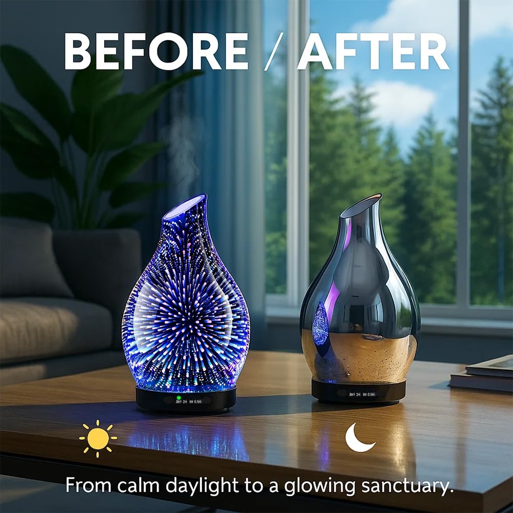 JOYOLO 120ML Essential Oil Diffuser – 3D Glass, Auto Shut-Off, 7-Color LED Lights