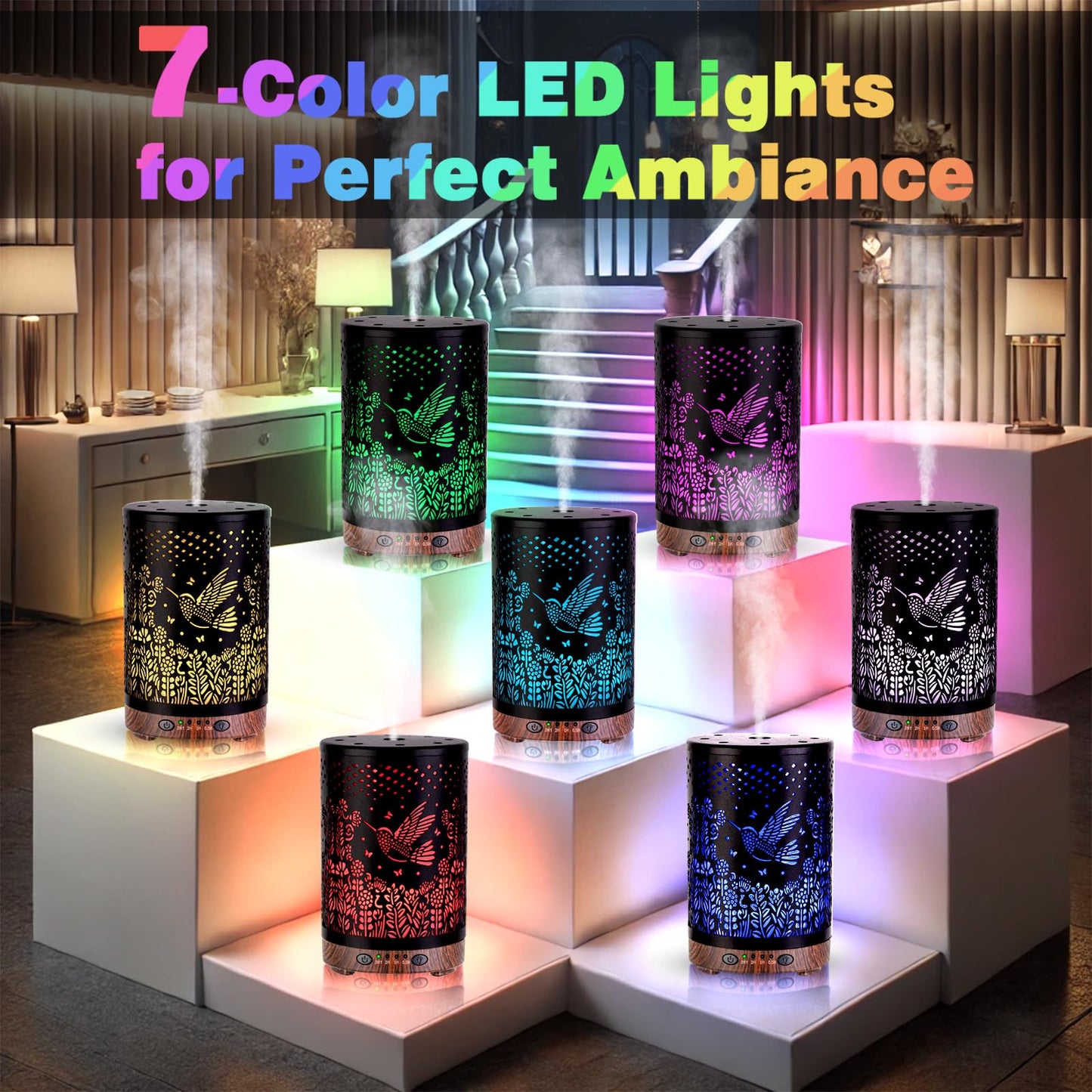 JOYOLO 120ML Metal Essential Oil Diffuser – Auto Shut-Off, 7 Color Lights, Bird Pattern