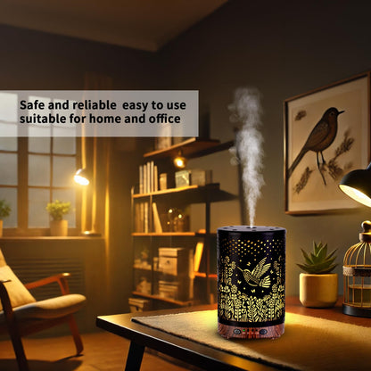 JOYOLO 120ML Metal Essential Oil Diffuser – Auto Shut-Off, 7 Color Lights, Bird Pattern