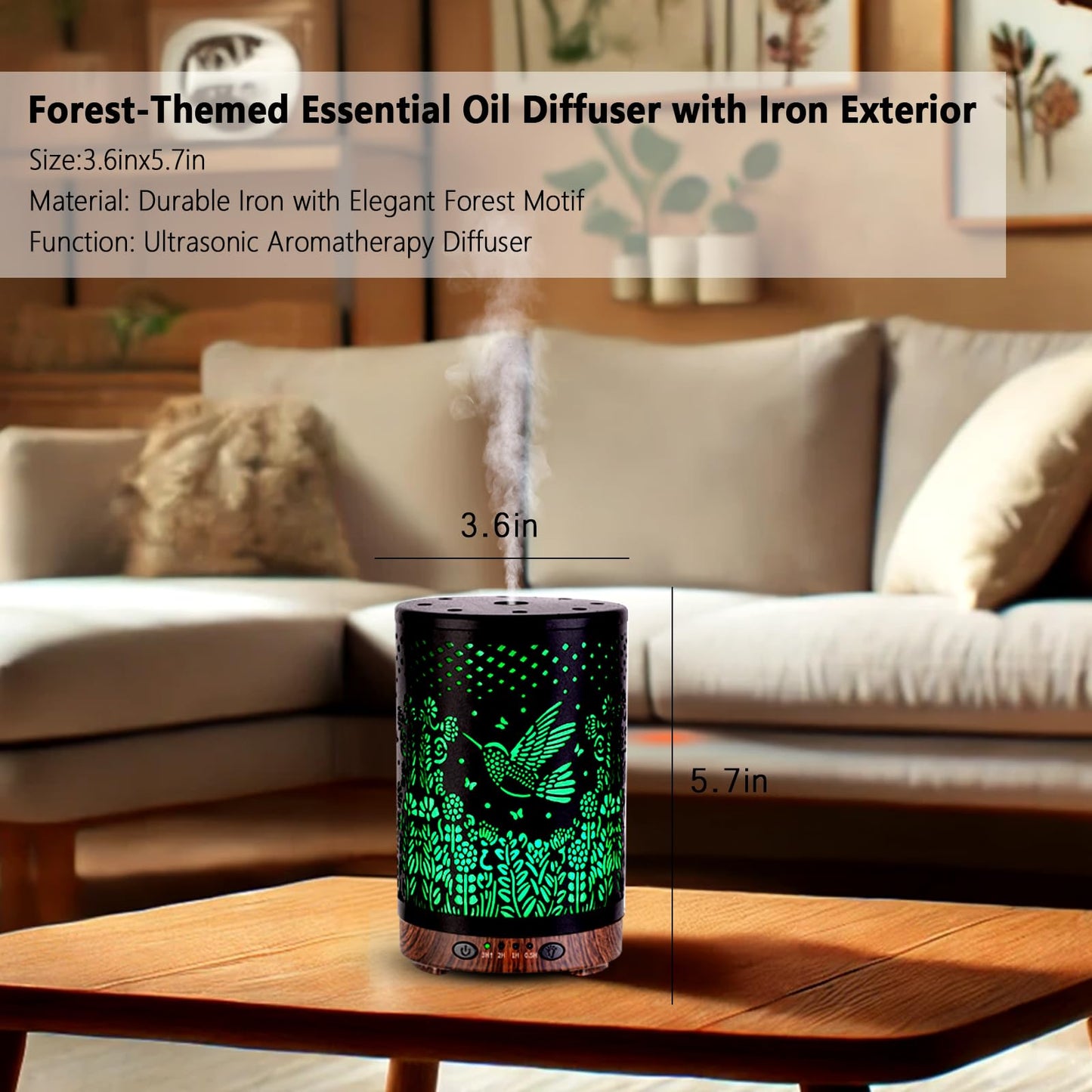 JOYOLO 120ML Metal Essential Oil Diffuser – Auto Shut-Off, 7 Color Lights, Bird Pattern