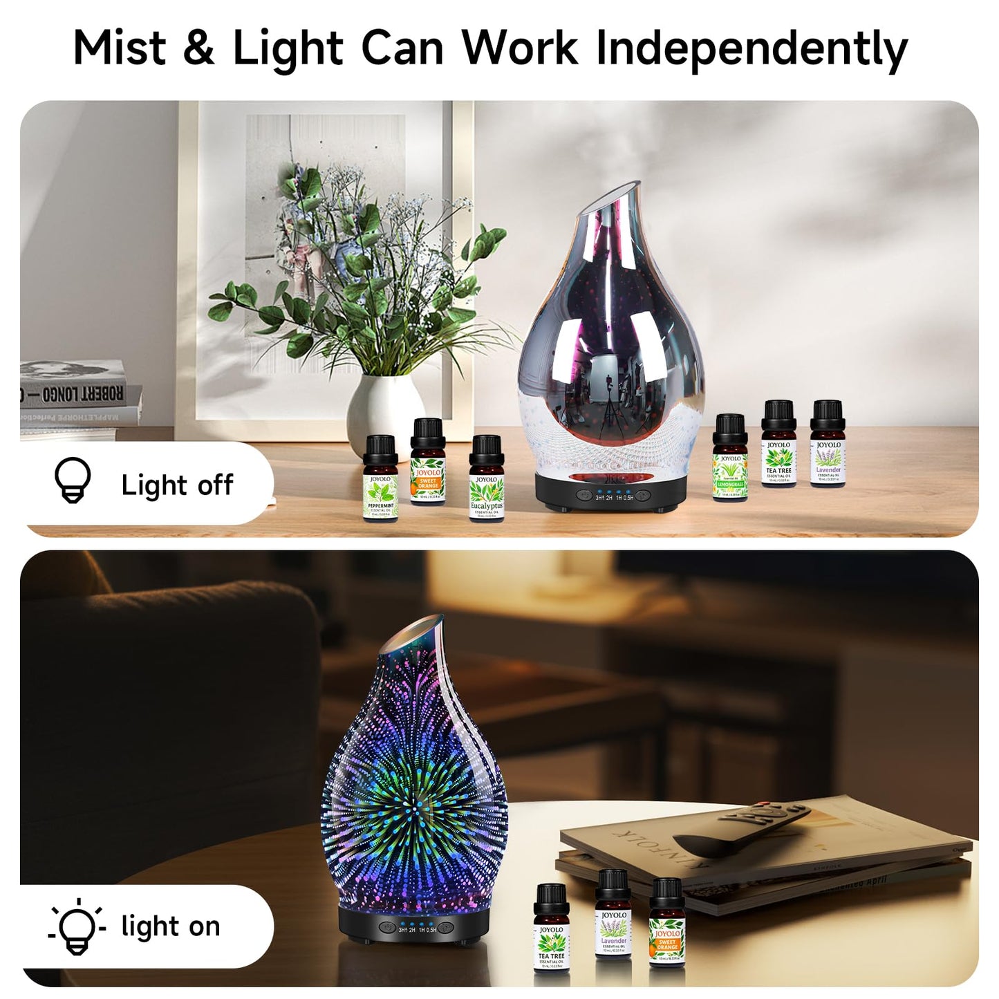 JOYOLO Essential Oil Diffuser & Oils Set - Glass Diffuser with 7 LED Lights and Auto-Shut-Off