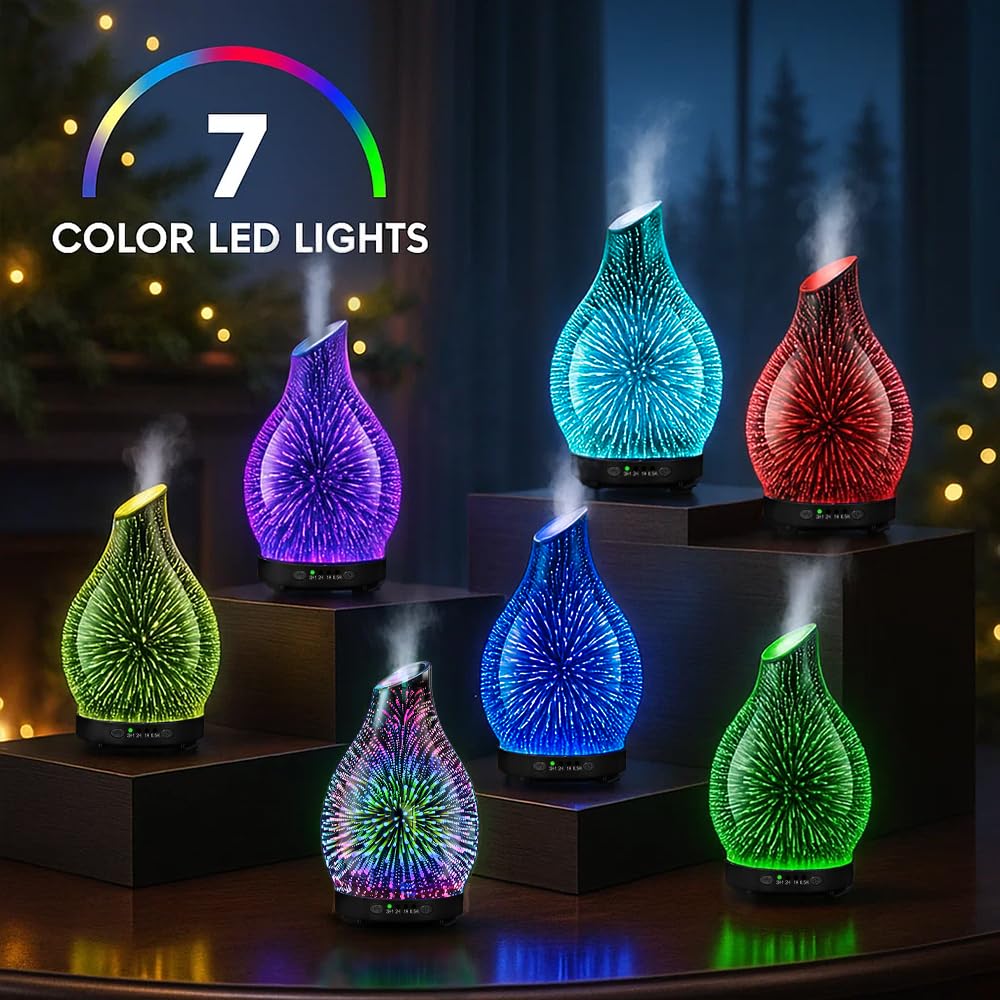 JOYOLO Essential Oil Diffuser & Oils Set - Glass Diffuser with 7 LED Lights and Auto-Shut-Off