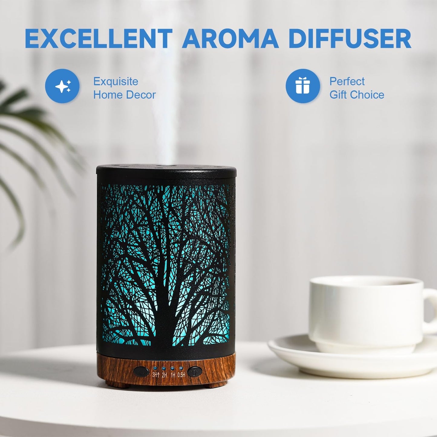 JOYOLO 120ML Metal Diffuser – Tree Pattern, Auto Shut-Off, 7 Color Lights