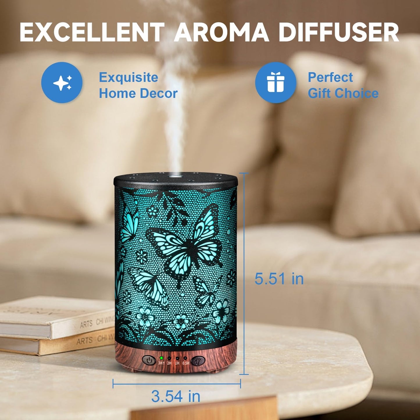 JOYOLO Metal Essential Oil Diffuser – Cool Mist, 7 Color Lights (Big Butterfly)