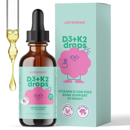 JoySpring Vitamin D3 Kids Drops with K2 – Liquid Vitamin D for Calcium Absorption & Joint Health | 360 Servings (2 oz) | Ages 3-18
