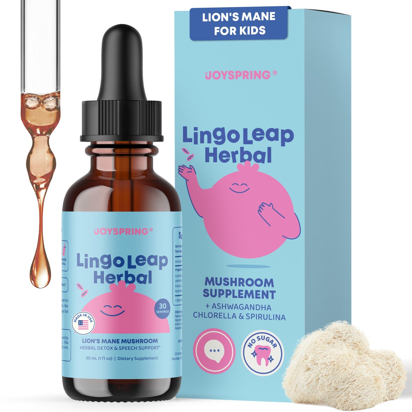 JoySpring Lions Mane for Kids | Speech Delay Supplement for Kids & Toddlers | Lion’s Mane Mushroom, Gotu Kola & Ashwagandha for Speech Therapy & Cognitive Support – Easy-Take Liquid | LingoLeap Herbal