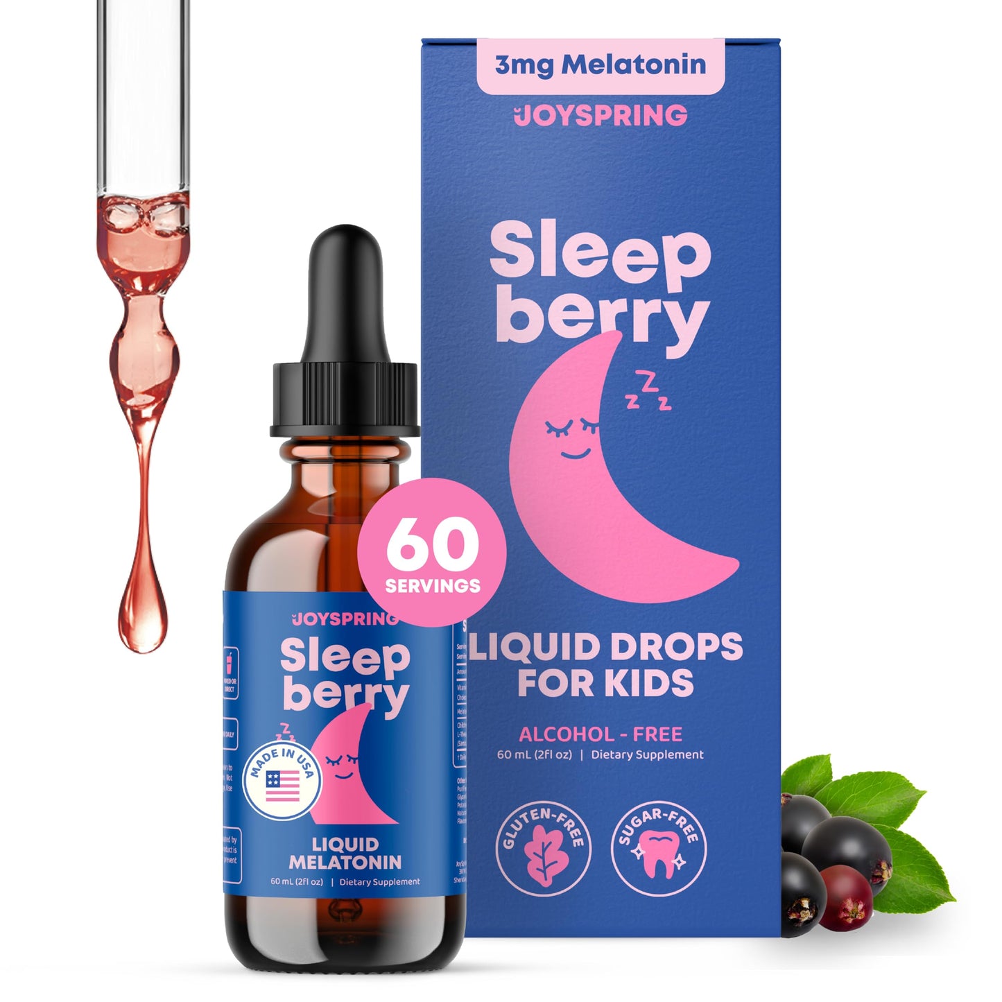 JoySpring Sleepberry Kids Melatonin 3 mg – Liquid Sleep Aid (2 fl oz)