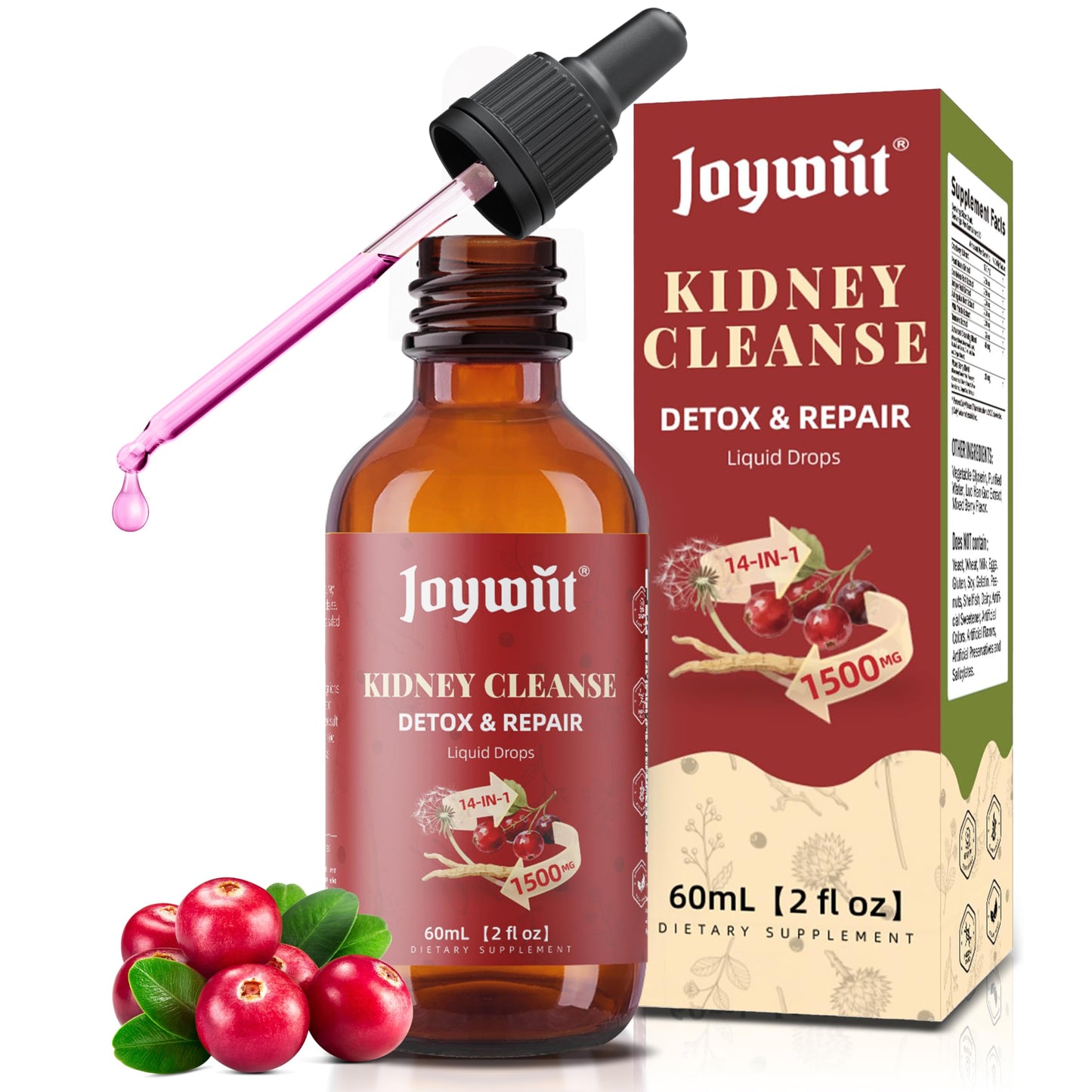 Joywiit Kidney Cleanse Drops – 14-in-1 Liver & Kidney Support, Mixed Berry 60 mL