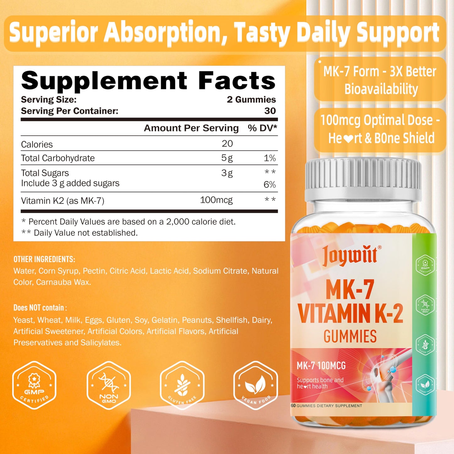 Joywiit Vitamin K2 MK-7 Gummies 100mcg – Extra Strength, Vegan