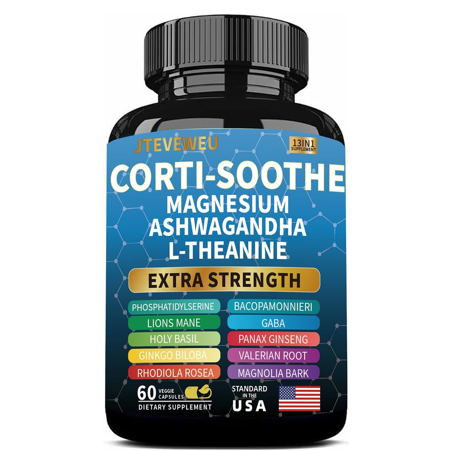 JTEVEweu Corti-Soothe Cortisol Support - Magnesium Glycinate 200mg, L-Theanine 150mg, Phosphatidylserine 50mg, Lion's Mane, Ginkgo Biloba, Bacopa, Valerian | 60 Capsules