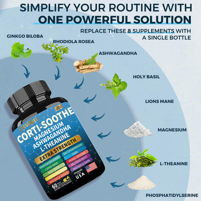 JTEVEweu Corti-Soothe Cortisol Support - Magnesium Glycinate 200mg, L-Theanine 150mg, Phosphatidylserine 50mg, Lion's Mane, Ginkgo Biloba, Bacopa, Valerian | 60 Capsules