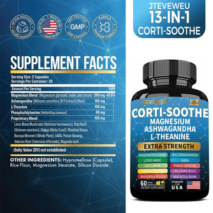 JTEVEweu Corti-Soothe Cortisol Support - Magnesium Glycinate 200mg, L-Theanine 150mg, Phosphatidylserine 50mg, Lion's Mane, Ginkgo Biloba, Bacopa, Valerian | 60 Capsules