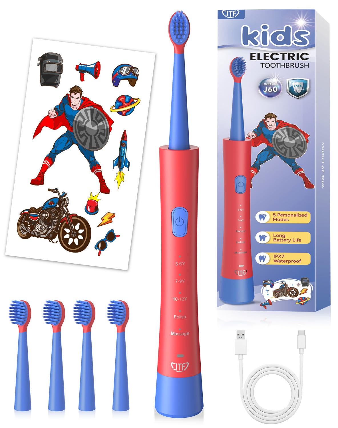 JTF Kids Electric Toothbrush – Sonic Toothbrush for Kids, 5 Modes, 2-Min Timer, IPX7 Waterproof