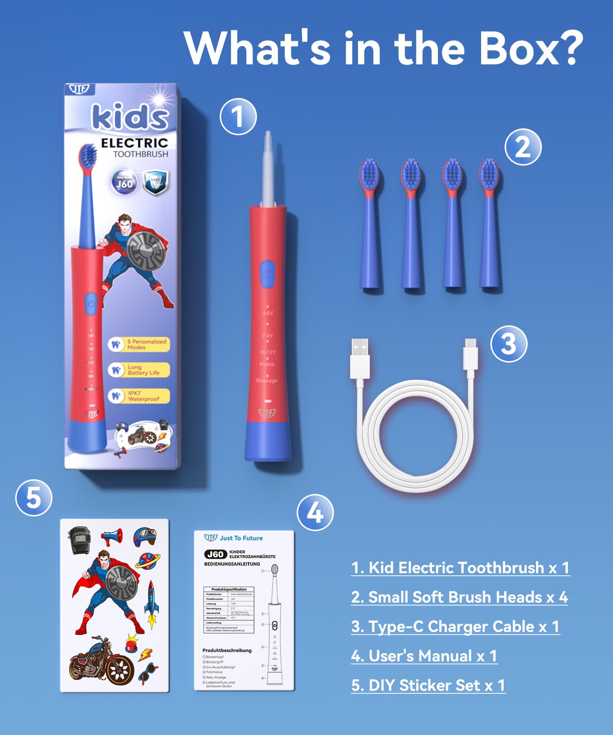 JTF Kids Electric Toothbrush – Sonic Toothbrush for Kids, 5 Modes, 2-Min Timer, IPX7 Waterproof