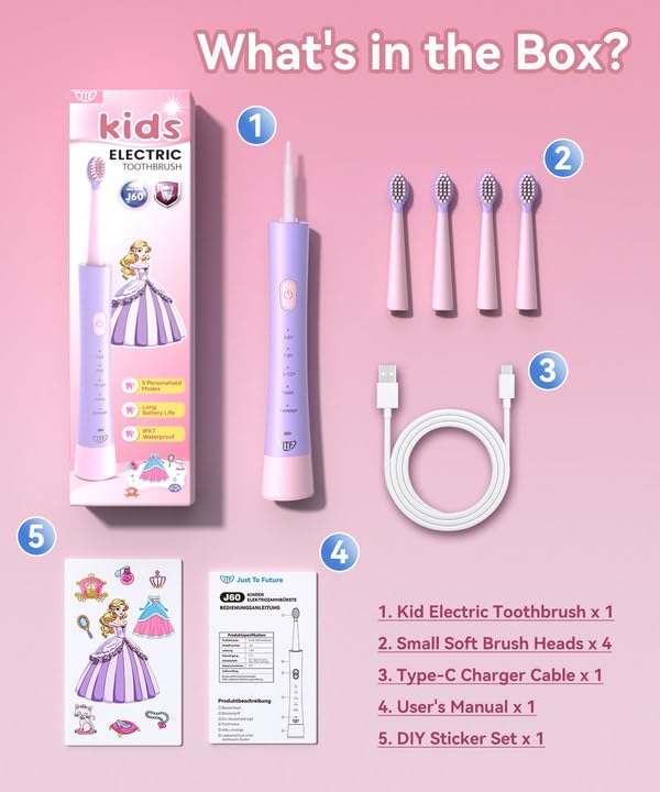JTF Kids Electric Toothbrush Pink – Sonic Toothbrush for Girls, 5 Modes, IPX7, 2-Min Timer, DIY Sticker Set