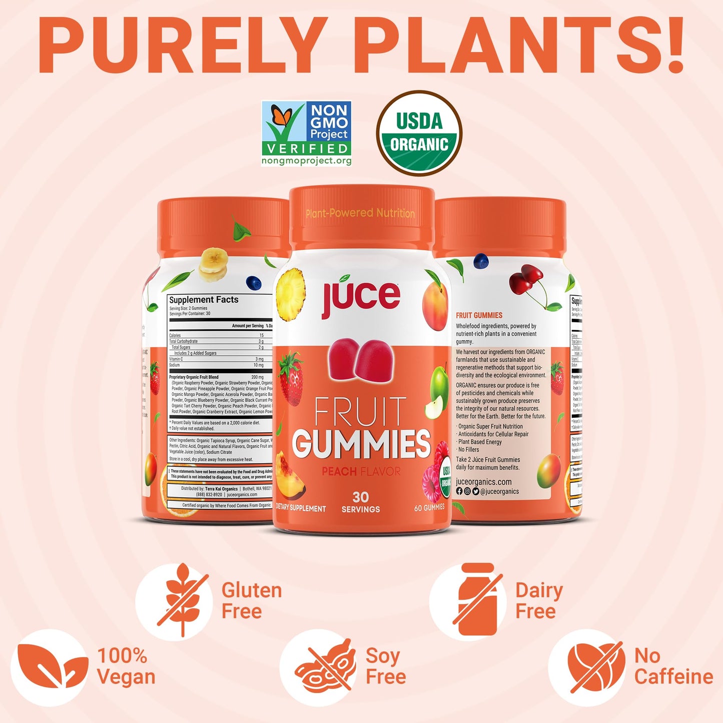 Júce Fruit Gummies with Peach Flavor | Superfood Gummies for Optimal Health by Terra Kai Organics