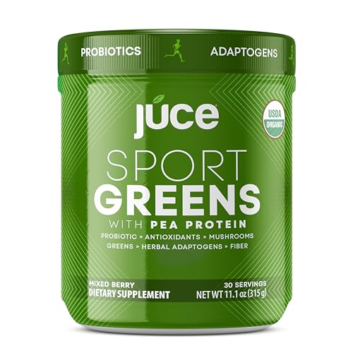 Juce SG7 Sport Greens Powder Supplement | Organic Plant Based Protein | Green Juice Powder | Probiotics | Mushrooms | Mixed Berry Flavor | 30 Servings | By Terra Kai Organics