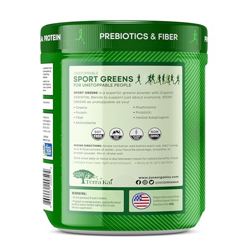 Juce SG7 Sport Greens Powder Supplement | Organic Plant Based Protein | Green Juice Powder | Probiotics | Mushrooms | Mixed Berry Flavor | 30 Servings | By Terra Kai Organics