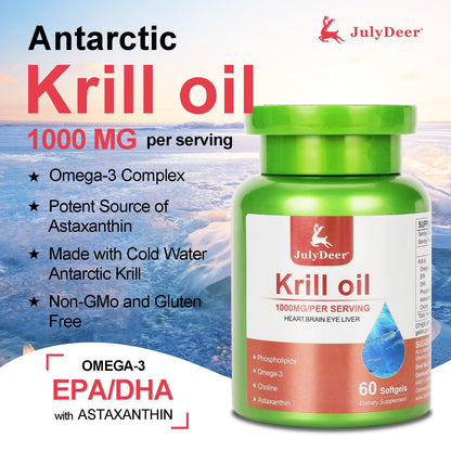 JulyDeer Antarctic Krill Oil 1000 mg – Omega-3 EPA/DHA, Astaxanthin, Phospholipids | 60 Softgels