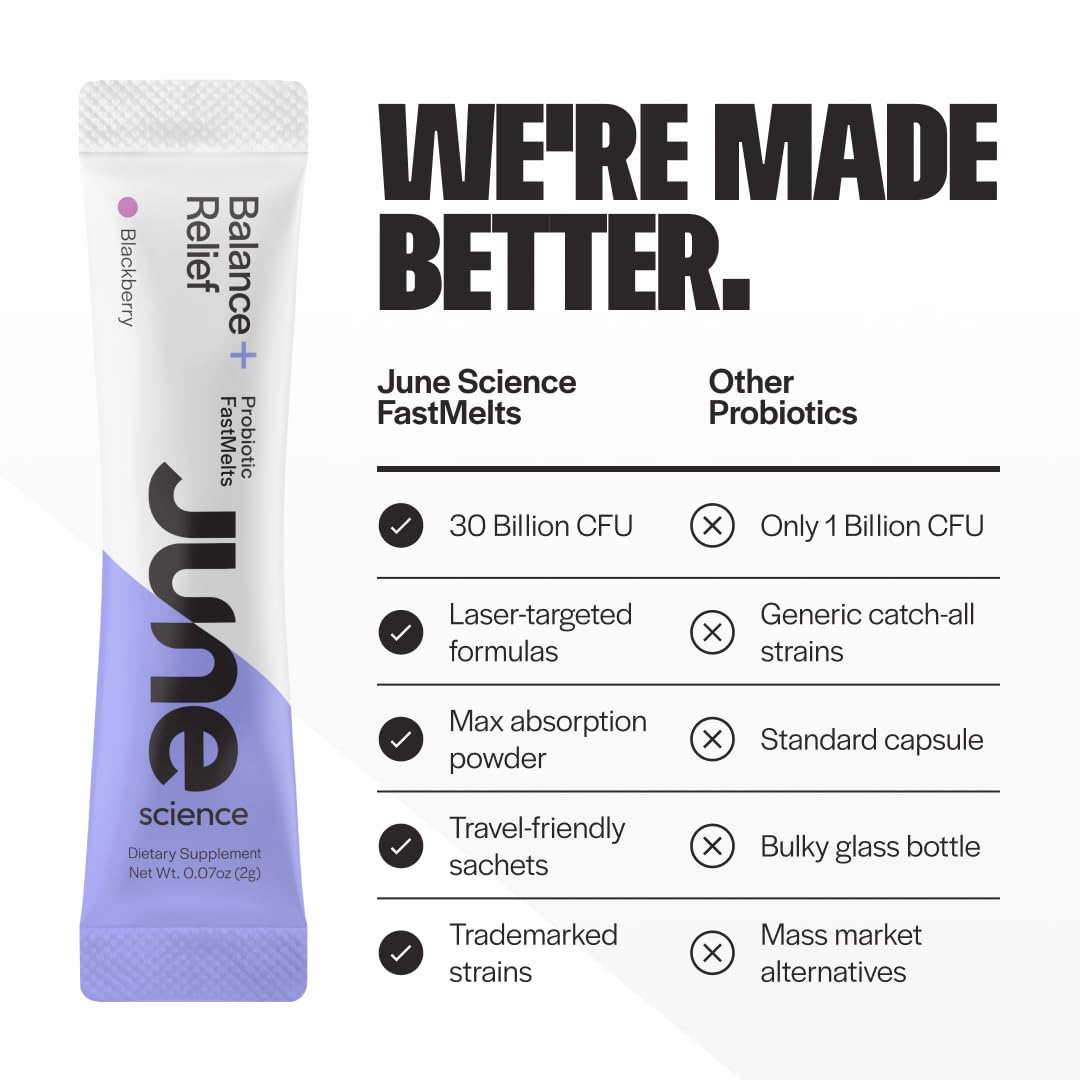 June Science Balance + Relief – Fast Melt Probiotic for Mood & Stress, Blackberry, 30 Sachets