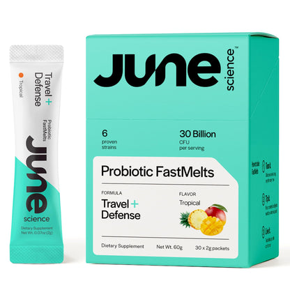 June Science Travel + Defense | Fast Melt Probiotic for Immune Health While Traveling - Tropical Flavor, 30 Sachets