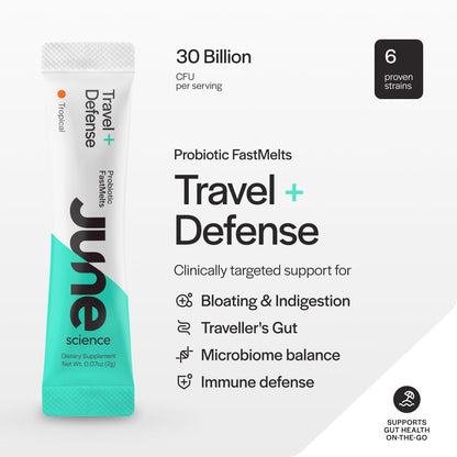 June Science Travel + Defense | Fast Melt Probiotic for Immune Health While Traveling - Tropical Flavor, 30 Sachets