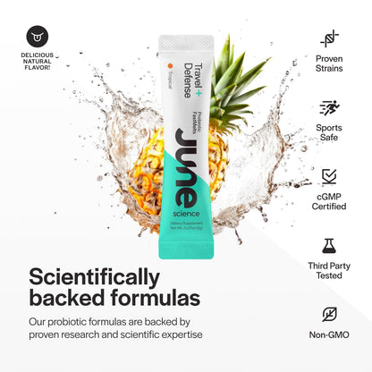 June Science Travel + Defense | Fast Melt Probiotic for Immune Health While Traveling - Tropical Flavor, 30 Sachets