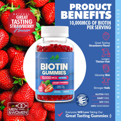 Just Nutrients Biotin 10,000mcg Gummies – Hair, Skin & Nails (60 Gummies) – Vegan & Gluten-Free
