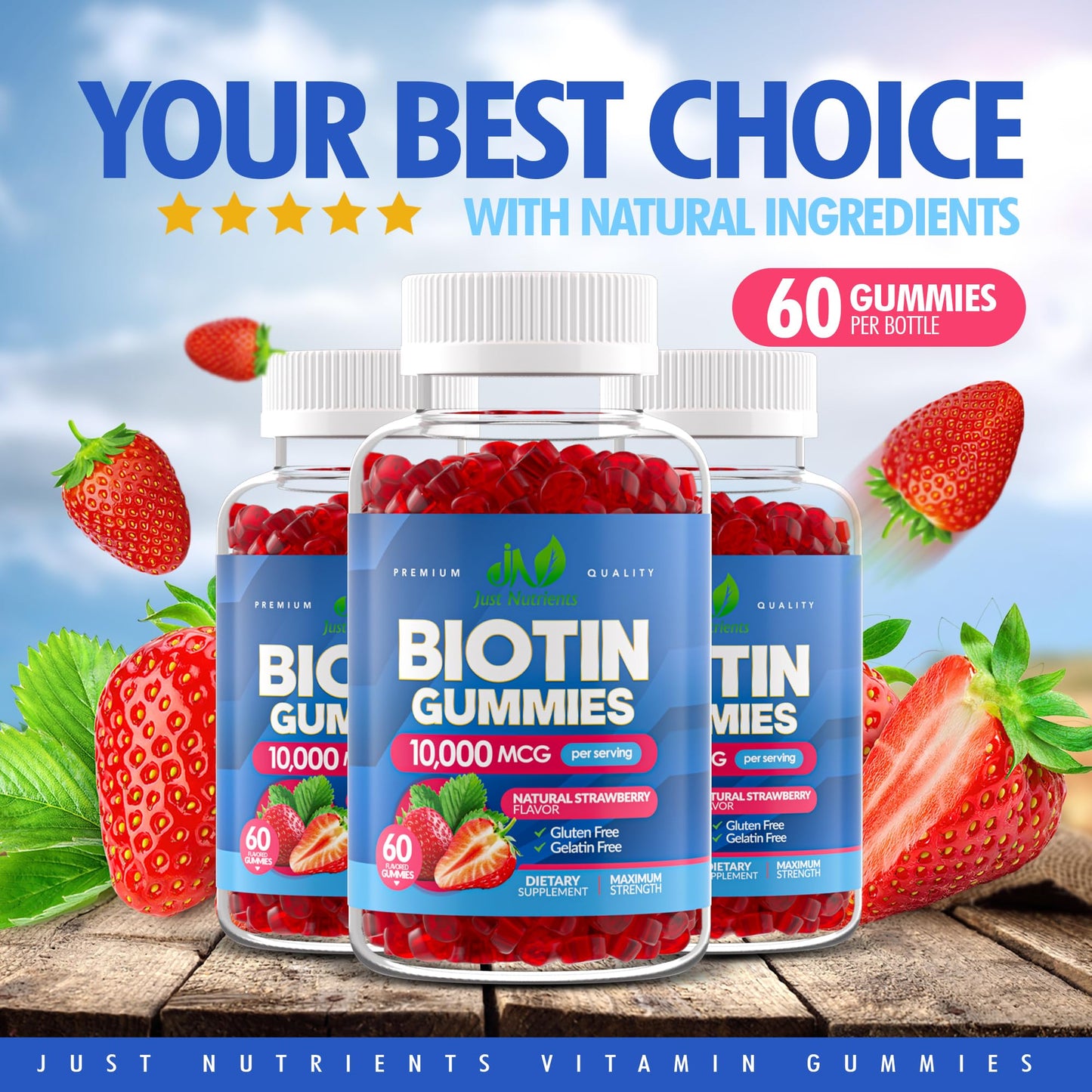 Just Nutrients Biotin 10,000mcg Gummies – Hair, Skin & Nails (60 Gummies) – Vegan & Gluten-Free