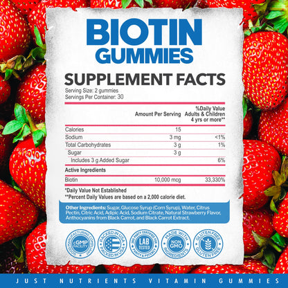 Just Nutrients Biotin 10,000mcg Gummies – Hair, Skin & Nails (60 Gummies) – Vegan & Gluten-Free
