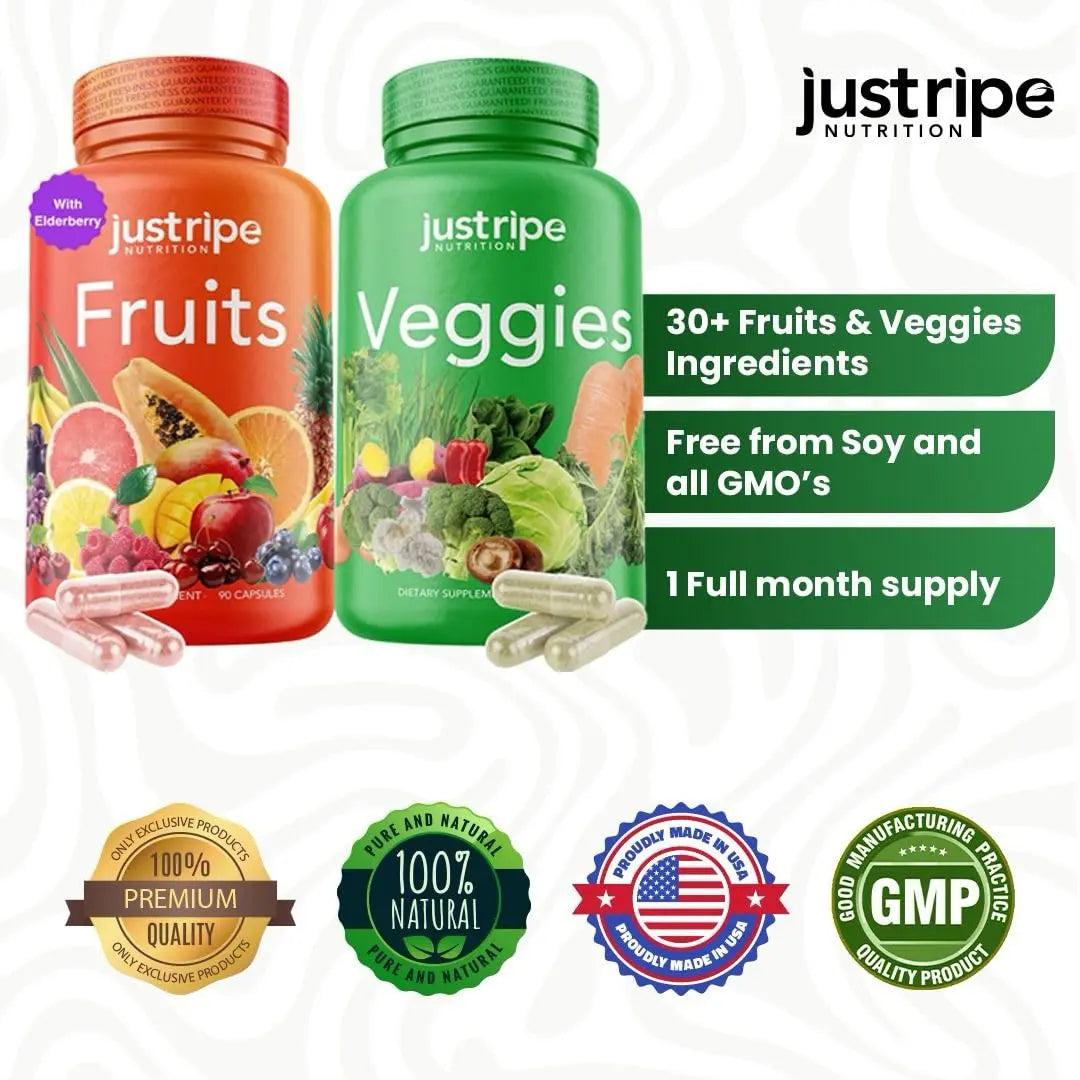 Just Ripe Nutrition Fruits & Veggies Supplement - 2 Pack (90 Fruit + 90 Vegetable Capsules) | Whole Food Superfood BritishVita | Premium UK Vitamins & Wellness Supplements