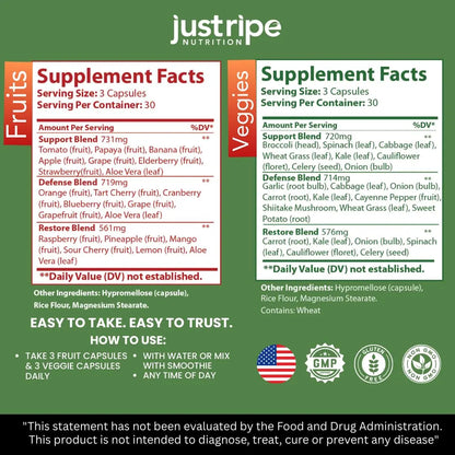 Just Ripe Nutrition Fruits & Veggies Supplement - 2 Pack (90 Fruit + 90 Vegetable Capsules) | Whole Food Superfood BritishVita | Premium UK Vitamins & Wellness Supplements