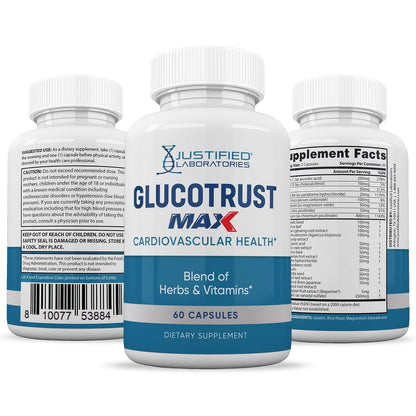 Justified Laboratories 3 Pack Glucotrust Max 1295MG Formula - 180 Capsules