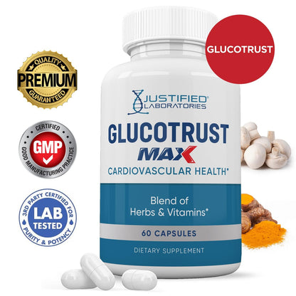 Justified Laboratories 5 Pack Glucotrust Max 1295MG Formula - 300 Capsules