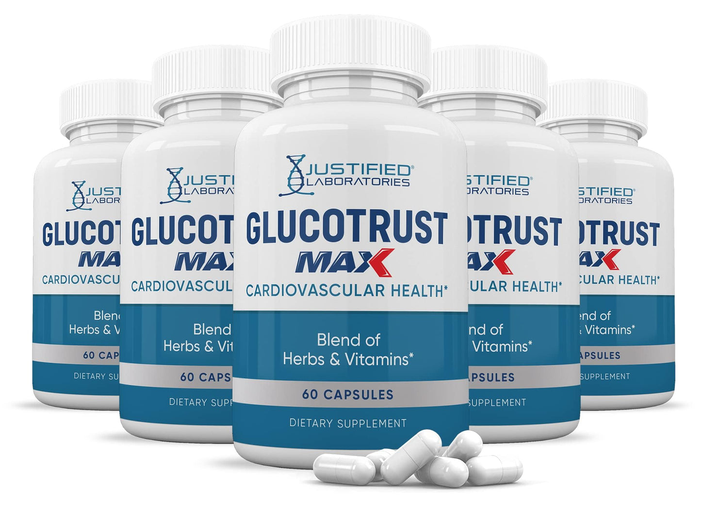 Justified Laboratories 5 Pack Glucotrust Max 1295MG Formula - 300 Capsules