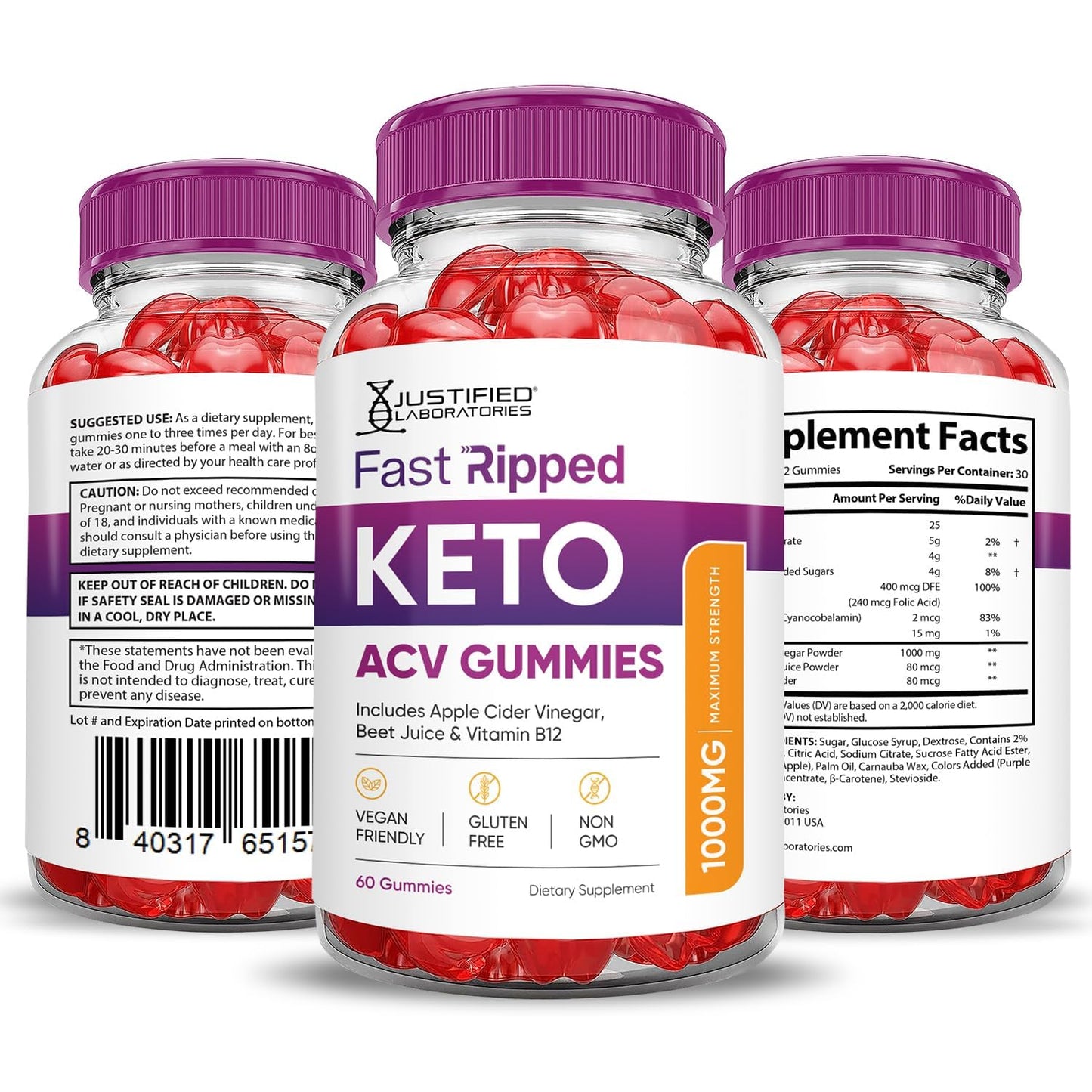Justified Laboratories Keto Rush ACV Gummies 3 Pack – 180 Gummies, 1000mg ACV, Vegan & Non-GMO