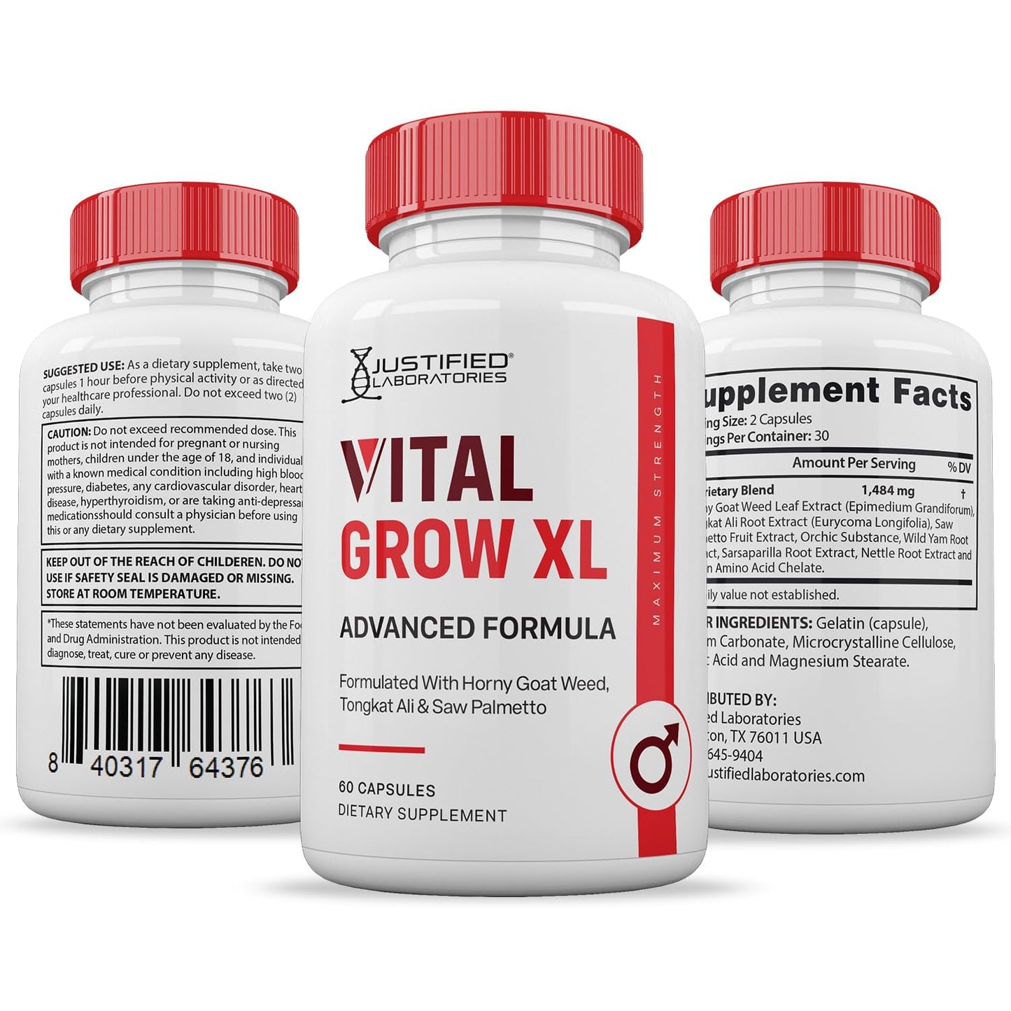 Justified Laboratories Vital Grow XL Pills 1484MG – Men's Health – 60 Capsules