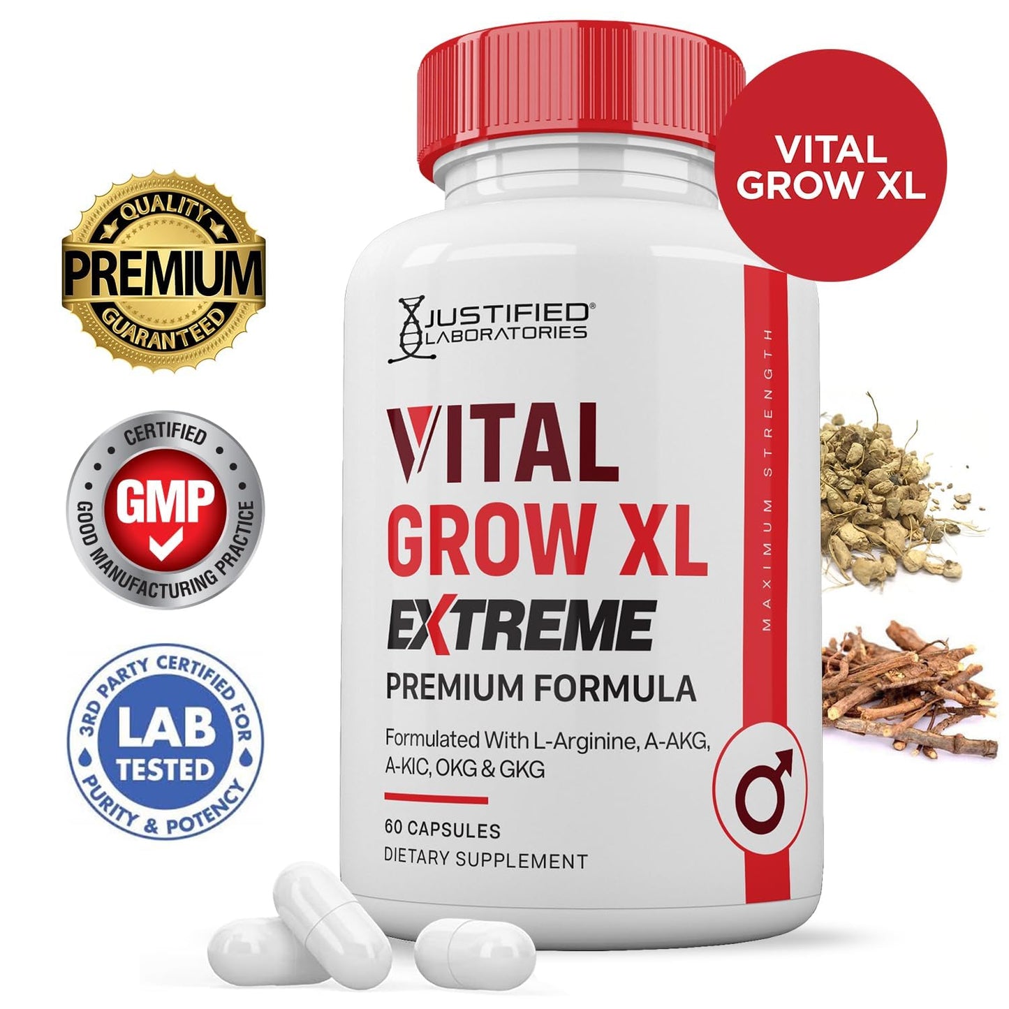 Justified Laboratories Vital Grow XL Extreme Pills 1600MG – Premium Men's Health Formula, 60 Capsules
