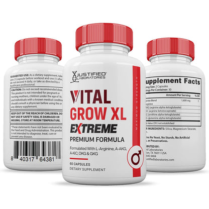 Justified Laboratories Vital Grow XL Extreme Pills 1600MG – Premium Men's Health Formula, 60 Capsules