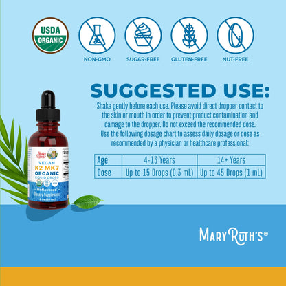 MaryRuth Organics USDA Organic Vitamin K2 MK-7 Liquid Drops – 100 mcg per Serving | Vegan MCT Oil | Bone & Heart Health | 1 oz