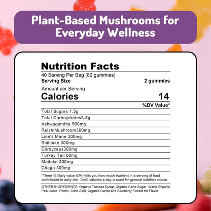 KAACHLI Ashwagandha & 8 Mushroom Blend Gummies 500mg | Focus, Energy & Cognitive Boost – 80 Count