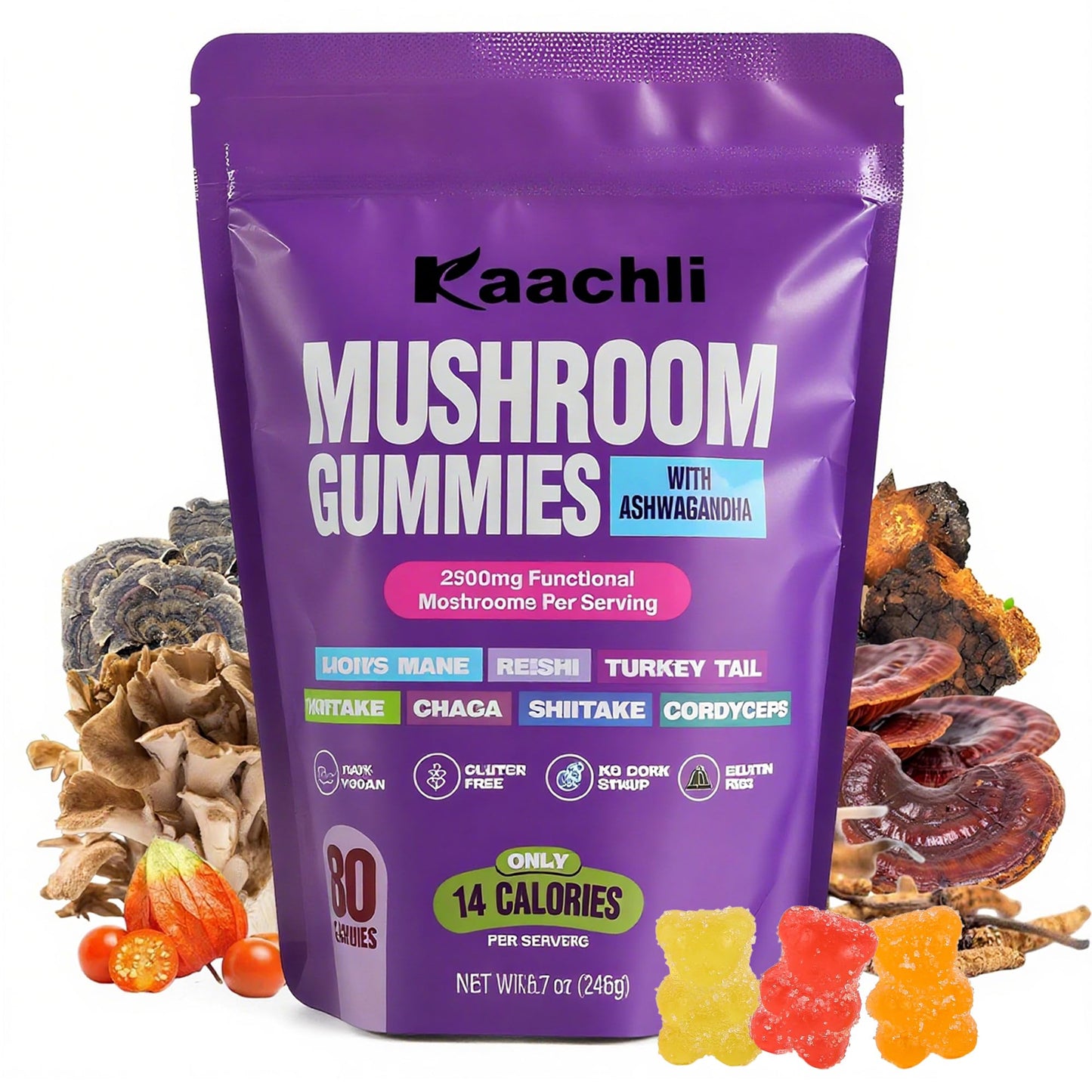KAACHLI Ashwagandha & 8 Mushroom Blend Gummies 500mg | Focus, Energy & Cognitive Boost – 80 Count