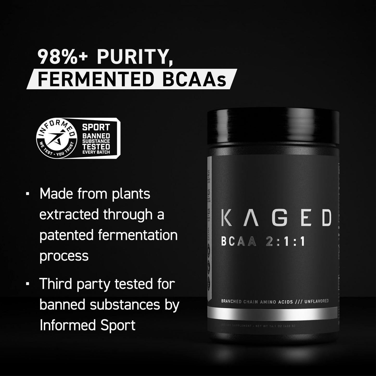 BCAA Powder – Kaged BCAAs, Fermented, Plant-Based, 5g Unflavored, 72 Servings