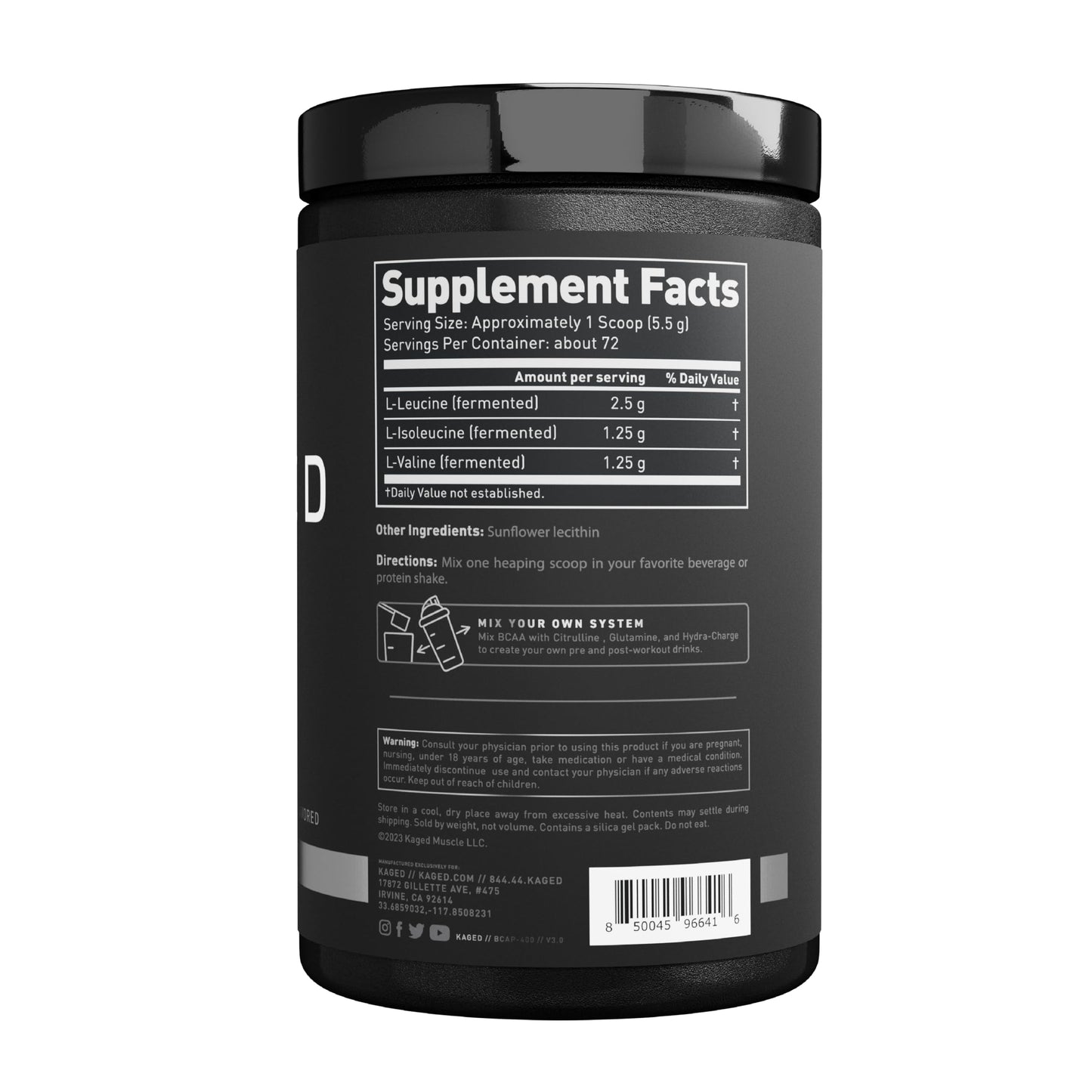 BCAA Powder – Kaged BCAAs, Fermented, Plant-Based, 5g Unflavored, 72 Servings