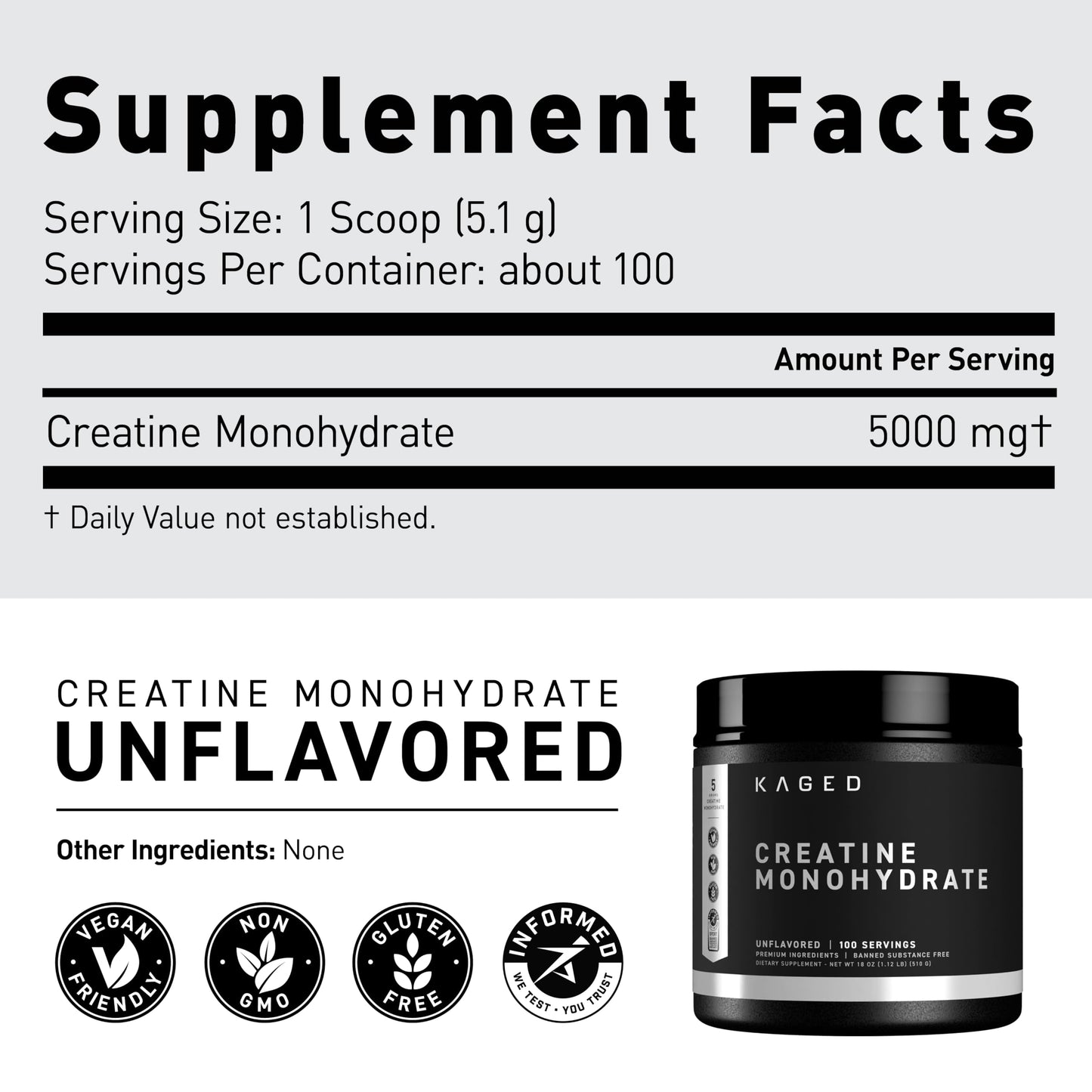 Kaged Creatine Monohydrate Micronized Powder Unflavored – 100 Servings | 5,000 mg per Serving
