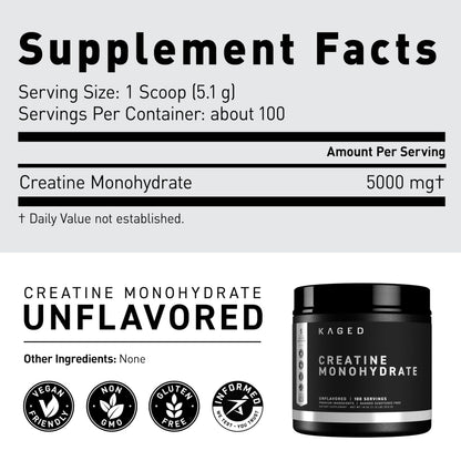 Kaged Creatine Monohydrate Micronized Powder Unflavored – 100 Servings | 5,000 mg per Serving
