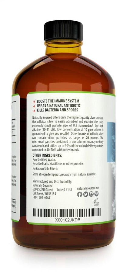 Kaiame Naturals Colloidal Silver 10 PPM - 16 oz Glass Bottle | Pure Silver Hydrosol